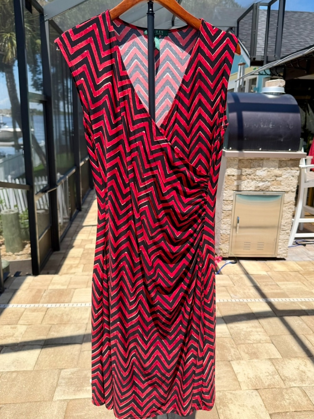 Lauren Ralph Lauren Red and Black Chevron Midi Wrap Dress